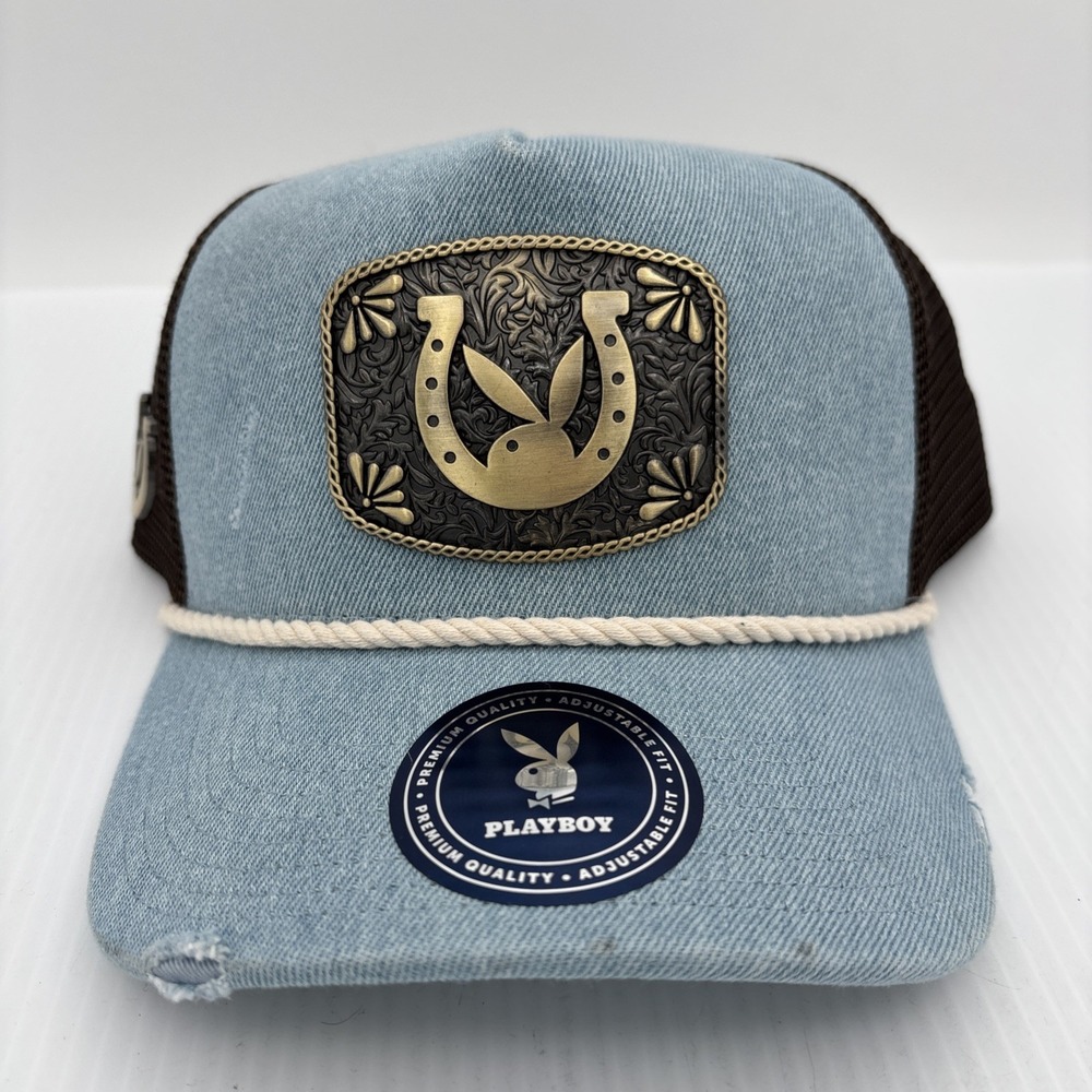 Playboy x Lids Denim Trucker Hat Blue Brown Horseshoe Buckle Logo Snapback NEW